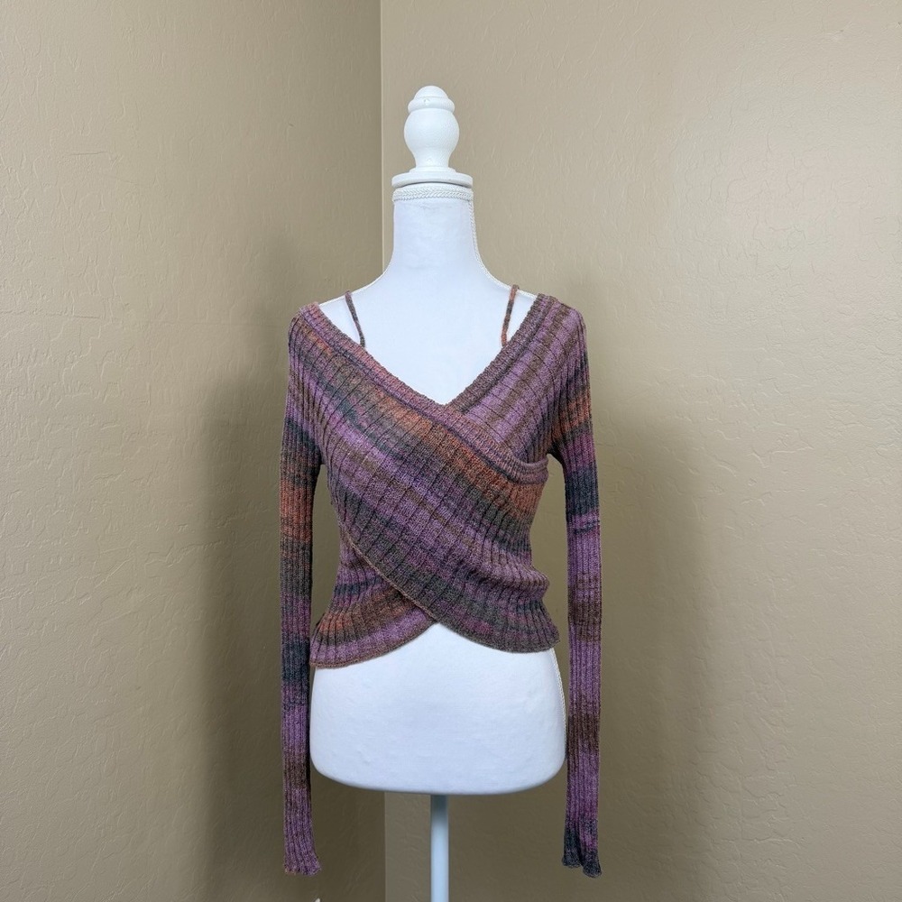 Silence + Noise Sweater Womens S Purple Wrap Front Strappy Knit Y2K Boho